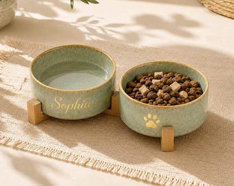 Custom Ceramic pet Bowl ,Elevated Ceramic Pet Bowl with Wooden Stand, Raised Cat Dog Feeder, puppy gift, Food Dish for Cats & Dogs