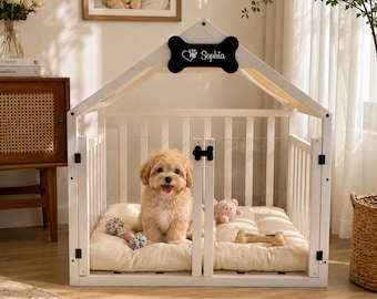 Natural Wooden Dog Crate Furniture, Gabled Indoor Pet Kennel, Luxury Dog House for Home & Patio, Stylish Puppy Bed Cabinet Design