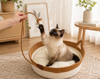 Handwoven Natural Cotton Rope Cat Basket with Teaser Toy,Custom Name Cat Bed,Pet Basket with Cotton Cushion,Interactive Play Cozy Pet Nest