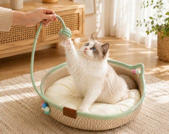 Handwoven Natural Cotton Rope Cat Basket with Teaser Toy,Custom Name Cat Bed,Pet Basket with Cotton Cushion,Interactive Play Cozy Pet Nest