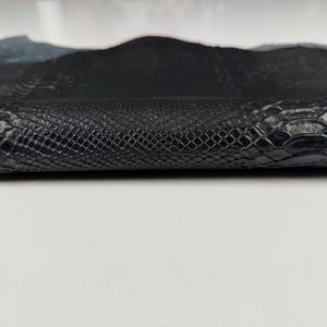 May include: A black piece of material featuring a textured snakeskin pattern. The surface displays a repeating scale design with a glossy finish, showing a distinct transition between a fine-grained central area and larger, more prominent scales.