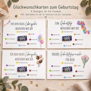 Könnte beinhalten: Vier Geburtstagskarten im A5-Format mit deutschem Text und bunten Illustrationen von Luftballons und Blumen. Jede Karte enthält eine kleine Smarties-Schachtel in der Mitte, umgeben von aufgedruckten Wünschen und farbigen Punkten als Aufzählung.