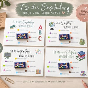 Karten zur Einschulung & zum Schulstart – 4 Designs mit Wünschen und Mutmachern (ich und wir-Form) , PDF Printable, Sofort Download