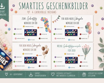 4 printbare verjaardagskaarten | Smarties-cadeau | Verjaardagscadeau | PDF-download | Zoete verrassing | Verjaardagswensen