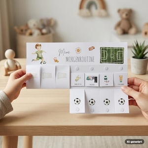 Op de afbeelding: Een witte papieren ochtendroutinekaart met de titel Meine Morgenroutine, voorzien van een cartoonvoetballer, een voetbalveld en diverse iconen. De kaart bevat interactieve flappen met voetbalillustraties en tekstlabels voor taken.