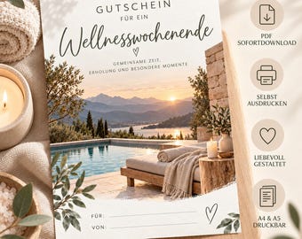 Puede incluir: Un vale de regalo rectangular con el texto en alemán GUTSCHEIN FÜR EIN Wellnesswochenende, GEMEINSAME ZEIT, ERHOLUNG UND BESONDERE MOMENTE. El diseño muestra un atardecer sobre un lago de montaña, una piscina y una zona de descanso.