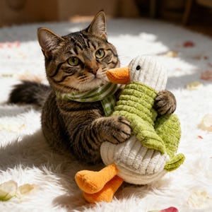 May include: A brown tabby cat wearing a green and white striped scarf, holding a plush duck toy. The duck is made of white and green corduroy fabric with an orange beak and orange feet, featuring a soft, textured surface and black eyes.