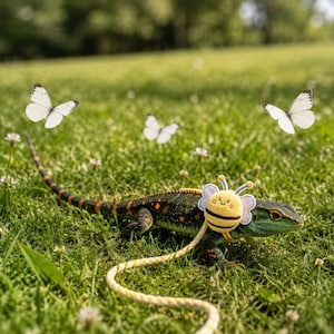 May include: A green lizard with dark spots and a long tail wearing a yellow and white plush bee harness with a matching yellow and white braided leash. Three white butterflies are flying in the air above the lizard in a grassy field.