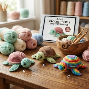 May include: Three crocheted turtle toys labeled A, B, and C, alongside a tablet displaying 3-IN-1 CROCHET TURTLE PATTERN BUNDLE. The turtles are pink and mint, brown and light green, and rainbow-colored. Yarn balls and wooden hooks are present.