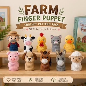 Puede incluir: Un paquete de patrones de ganchillo para 10 marionetas de dedo de animales de granja, incluyendo un granjero, vaca, pollo, gato, pato, cerdo, perro, caballo, burro y oveja. El texto dice FARM FINGER PUPPET CROCHET PATTERN PACK 10 Cute Farm Animals.