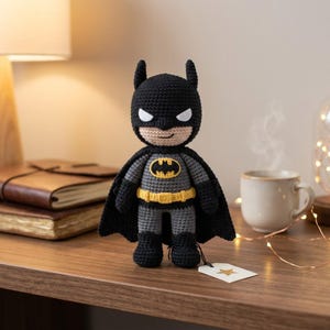 Könnte beinhalten: Eine gehäkelte Batman-Puppe mit schwarzer Maske, Umhang und Stiefeln, einem grauen Oberkörper und einem gelben Gürtel mit passendem Brustemblem. Die Figur hat weiße Augen und ein kleines aufgesticktes Lächeln sowie ein sternförmiges Etikett.