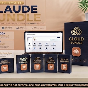 May include: A digital product set titled Ultimate Claude Bundle featuring a laptop displaying the ClaudSync interface, a large dark blue box, and five smaller matching boxes labelled Claude Masterclass, 2000+ Claude Skills, 107 AI Agents Directory, 50 Claude Projects, and Creator Workbook.