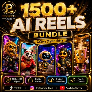Może przedstawiać: Cyfrowy pakiet produktów zatytułowany 1500+ AI REELS BUNDLE Talking Object Videos, zawierający pięć ekranów smartfonów z animowanymi postaciami, w tym lwem, pandą, robotem, kaczką i kubkiem kawy na czarno-złotym tle.