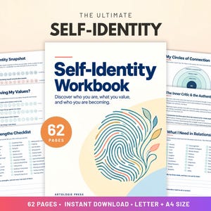 May include: A Self-Identity Workbook with 62 pages, featuring a fingerprint graphic with blue, orange, and green lines. The cover includes the text: The Ultimate Self-Identity, Self-Identity Workbook, Discover who you are, what you value, and who you are becoming.