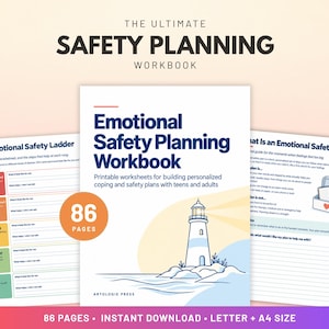 May include: The Ultimate Safety Planning Workbook with 86 pages. The cover features a lighthouse illustration and the title Emotional Safety Planning Workbook. Includes worksheets like The Emotional Safety Ladder and What Is an Emotional Safety Plan?