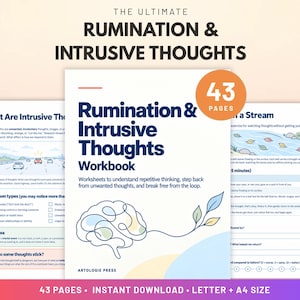May include: A workbook titled The Ultimate Rumination & Intrusive Thoughts featuring a brain illustration with a leaf vine. The cover includes the text Rumination & Intrusive Thoughts Workbook, 43 Pages, and Artologie Press. Two interior pages are visible.