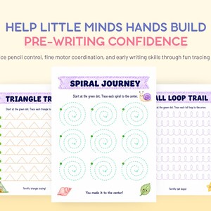 Puede incluir: Tres hojas de trabajo educativas para practicar la preescritura con el texto HELP LITTLE MINDS HANDS BUILD PRE-WRITING CONFIDENCE. Las p&aacute;ginas incluyen caminos de trazado para tri&aacute;ngulos, espirales y bucles, decoradas con ilustraciones como un caracol, una hoja y una estrella.