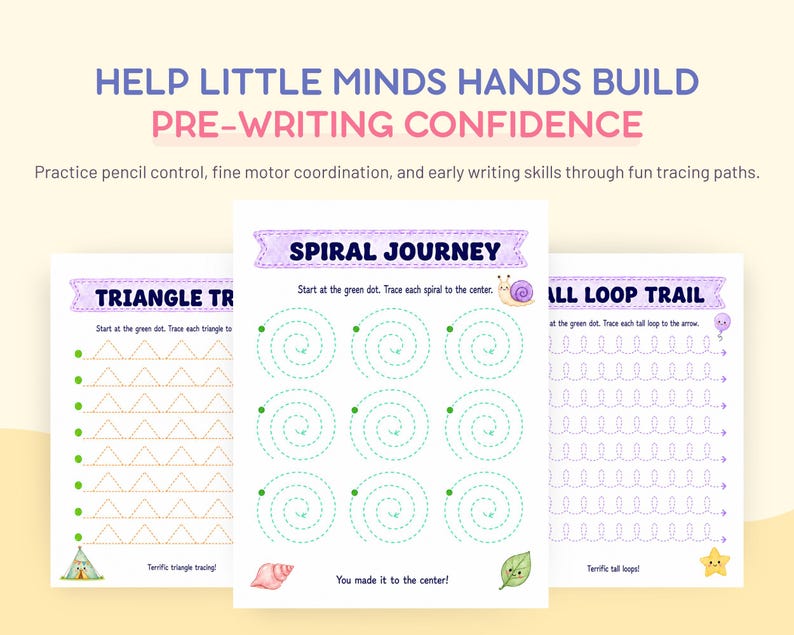 Puede incluir: Tres hojas de trabajo educativas para practicar la preescritura con el texto HELP LITTLE MINDS HANDS BUILD PRE-WRITING CONFIDENCE. Las p&aacute;ginas incluyen caminos de trazado para tri&aacute;ngulos, espirales y bucles, decoradas con ilustraciones como un caracol, una hoja y una estrella.