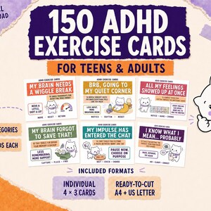 May include: A digital download set of 150 ADHD exercise cards for teens and adults, featuring six sample cards with illustrations of a white cat and text prompts. The cards include categories like My Brain Needs a Wiggle Break and My Impulse Has Entered the Chat.