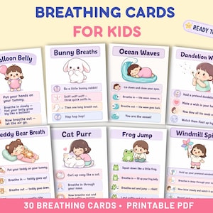 Puede incluir: Un conjunto de ocho tarjetas educativas de respiración para niños con ilustraciones e instrucciones para ejercicios como Balloon Belly, Bunny Breaths, Ocean Waves, Dandelion Wishes, Teddy Bear Breath, Cat Purr, Frog Jump y Windmill Spin.