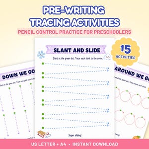 Puede incluir: Tres hojas de trabajo educativas blancas para actividades de trazado de preescritura. Las p&aacute;ginas presentan encabezados morados con texto que incluye SLANT AND SLIDE, DOWN WE GO y AROUND WE GO. Cada hoja contiene puntos verdes y l&iacute;neas punteadas.