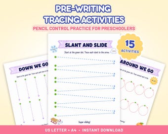 Puede incluir: Tres hojas de trabajo educativas blancas para actividades de trazado de preescritura. Las páginas presentan encabezados morados con texto que incluye SLANT AND SLIDE, DOWN WE GO y AROUND WE GO. Cada hoja contiene puntos verdes y líneas punteadas.