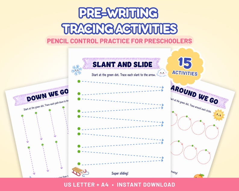 Puede incluir: Tres hojas de trabajo educativas blancas para actividades de trazado de preescritura. Las p&aacute;ginas presentan encabezados morados con texto que incluye SLANT AND SLIDE, DOWN WE GO y AROUND WE GO. Cada hoja contiene puntos verdes y l&iacute;neas punteadas.
