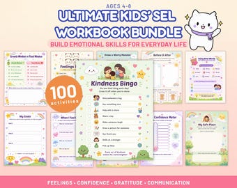 Puede incluir: Un paquete de cuadernos de trabajo digitales para niños de 4 a 8 años titulado Ultimate Kids' SEL Workbook Bundle, con 100 actividades para habilidades emocionales. Incluye páginas como Kindness Bingo, My Goals y Confidence Meter con ilustraciones.