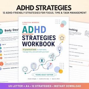 Peut inclure: Un cahier d'exercices intitulé ADHD Strategies Workbook Young Adult Edition avec 12 outils pratiques pour la gestion du temps et des tâches. La couverture présente un chemin sinueux avec des icônes dont une horloge, une liste et une ampoule.