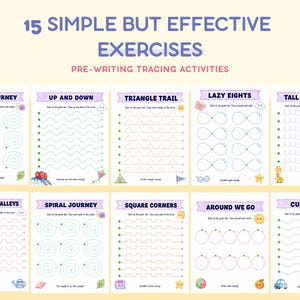 Puede incluir: Una colecci&oacute;n de hojas de trabajo educativas titulada 15 SIMPLE BUT EFFECTIVE EXERCISES PRE-WRITING TRACING ACTIVITIES. Las p&aacute;ginas presentan varios patrones de l&iacute;neas punteadas que incluyen espirales, ondas, tri&aacute;ngulos, bucles y cuadrados.