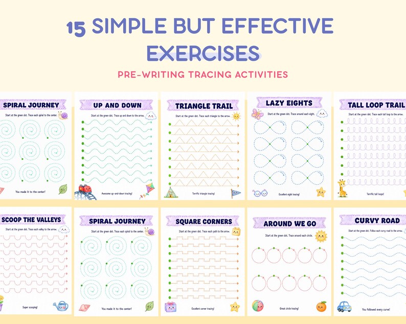 Puede incluir: Una colecci&oacute;n de hojas de trabajo educativas titulada 15 SIMPLE BUT EFFECTIVE EXERCISES PRE-WRITING TRACING ACTIVITIES. Las p&aacute;ginas presentan varios patrones de l&iacute;neas punteadas que incluyen espirales, ondas, tri&aacute;ngulos, bucles y cuadrados.