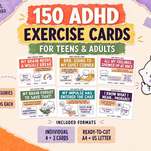 Pode incluir: Um conjunto de download digital de 150 cartões de exercícios TDAH para adolescentes e adultos, com seis cartões de exemplo e ilustrações de um gato branco. O texto inclui títulos como My Brain Needs a Wiggle Break, com 15 categorias de 10 cartões cada, além de cartões individuais 4x3 e formatos A4 ou US Letter prontos para recortar.