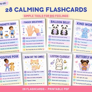 Puede incluir: Un conjunto de 28 tarjetas didácticas relajantes tituladas Simple Tools for Big Feelings. Cada tarjeta presenta ilustraciones en tonos pastel e instrucciones numeradas para actividades como Spaghetti Body, Finger Breathing, Balloon Belly y Kind Words.