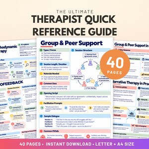 May include: A 40-page therapist quick reference guide featuring multiple informational sheets on psychodynamic therapy, neurofeedback, and group and peer support. The documents include structured session flows, facilitation prompts, and clinical considerations.