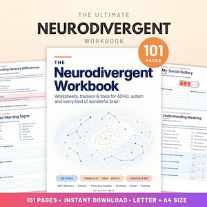 Neurodivergent Workbook PDF, ADHD Worksheets, AuDHD Executive Function, Emotional Regulation, Autism Therapy Tool for Counselors, 101 Pages