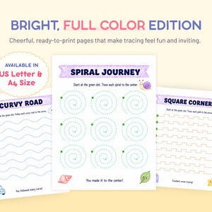 Puede incluir: Tres hojas de actividades imprimibles con ejercicios de trazado tituladas Curvy Road, Spiral Journey y Square Corners. Cada p&aacute;gina incluye gr&aacute;ficos coloridos como un coche, un caracol, una concha, una hoja y una estrella con instrucciones.