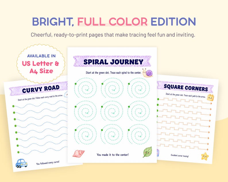 Puede incluir: Tres hojas de actividades imprimibles con ejercicios de trazado tituladas Curvy Road, Spiral Journey y Square Corners. Cada p&aacute;gina incluye gr&aacute;ficos coloridos como un coche, un caracol, una concha, una hoja y una estrella con instrucciones.