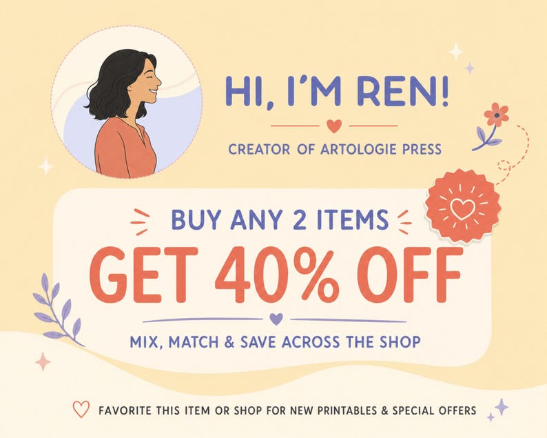 Puede incluir: Un gr&aacute;fico promocional sobre un fondo amarillo p&aacute;lido con una ilustraci&oacute;n de una persona de cabello oscuro, el texto HI, I'M REN! CREATOR OF ARTOLOGIE PRESS y el texto de oferta BUY ANY 2 ITEMS GET 40% OFF MIX, MATCH & SAVE ACROSS THE SHOP.