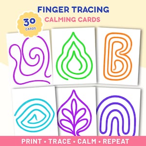 Puede incluir: Un juego de 30 tarjetas de trazado con los dedos Finger Tracing Calming Cards con diseños de líneas coloridas sobre fondo blanco, incluyendo espirales, llamas, letras y hojas. El texto dice Finger Tracing Calming Cards y Print Trace Calm Repeat.
