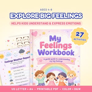 Puede incluir: Un libro de ejercicios titulado My Feelings Workbook con una portada en tonos pastel que muestra a cuatro niños y un arcoíris. Incluye una página de Feelings Weather Report con iconos meteorológicos y una insignia amarilla con 27 activities.