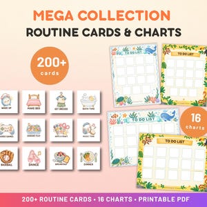 Puede incluir: Una colección de tarjetas de rutina y tablas imprimibles con el texto MEGA COLLECTION ROUTINE CARDS & CHARTS, 200+ cards y 16 charts. El conjunto incluye tarjetas cuadradas con ilustraciones de actividades diarias y tablas rectangulares de tareas.