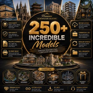 Peut inclure: Une publicité numérique pour une collection d'architecture 3D comprenant plus de 250 modèles. Le graphique présente divers styles de bâtiments, notamment modernes, médiévaux et fantastiques, avec du texte détaillant les formats STL et 3MF.