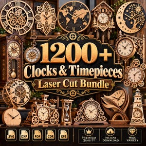 May include: A digital collection of 1200+ laser cut clock and timepiece designs featuring various styles including gear-driven wall clocks, world maps, cuckoo clocks, celestial motifs, train-shaped clocks, hourglasses, and lighthouse-themed timepieces.