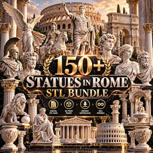May include: A digital collection of 150+ Roman statues and architectural models for 3D printing. The graphic features various marble-style sculptures, including figures in togas, a winged deity, and a lion, set against a backdrop of the Colosseum.