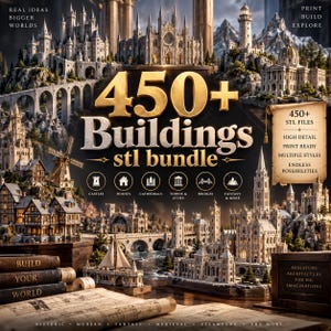 Può includere: Una collezione digitale di oltre 450 edifici in un pacchetto STL con architetture in miniatura dettagliate come castelli, case, cattedrali, città e ponti. L'immagine mostra varie strutture, etichette di testo e progetti architettonici.