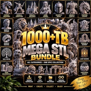 Può includere: Un grafico promozionale digitale per un pacchetto 1000+ TB Mega STL che presenta una collezione di modelli stampabili in 3D, tra cui creature fantasy, eroi, edifici, figure anime, caschi, armature, mostri, busti, design di gioielli e decorazioni.