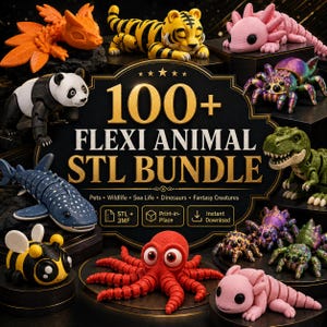 Könnte beinhalten: Eine Sammlung beweglicher, 3D-gedruckter Tierfiguren, darunter ein Tiger, Panda, Walhai, eine Biene, ein Oktopus und ein Axolotl, um ein zentrales Schild mit der Aufschrift 100+ FLEXI ANIMAL STL BUNDLE, Pets, Wildlife, Sea Life, Dinosaurs, Fantasy Creatures.