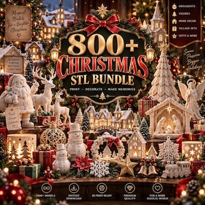 Könnte beinhalten: Eine digitale Sammlung von über 800 weihnachtlichen STL-Dateien für den 3D-Druck, mit einer zentralen Kranzgrafik und goldenem Text. Die Darstellung umfasst verschiedene weiße 3D-gedruckte Figuren wie Weihnachtsmänner, Rentiere, Schneemänner und Krippen.