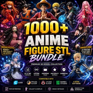 Può includere: Una collezione digitale di oltre 1000 file STL di personaggi anime per la stampa 3D, con vari soggetti come Luffy, Goku e Naruto. L'immagine include etichette di testo per formati di file, accesso a vita e compatibilità software.