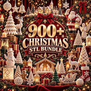 Pode incluir: Uma coleção digital de mais de 900 arquivos STL de Natal com modelos 3D do Papai Noel, um boneco de neve, renas, um presépio, árvores de Natal, presentes, um trenó e ornamentos, exibidos com decorações festivas de fim de ano.